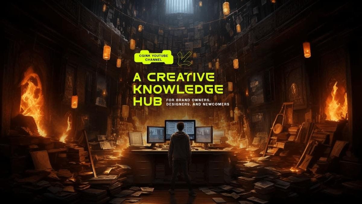 A person in a creative workspace with screens and fiery elements.