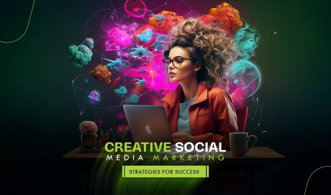 A creative digital marketer working on a laptop, surrounded by vibrant abstract visuals representing social media marketing strategies.