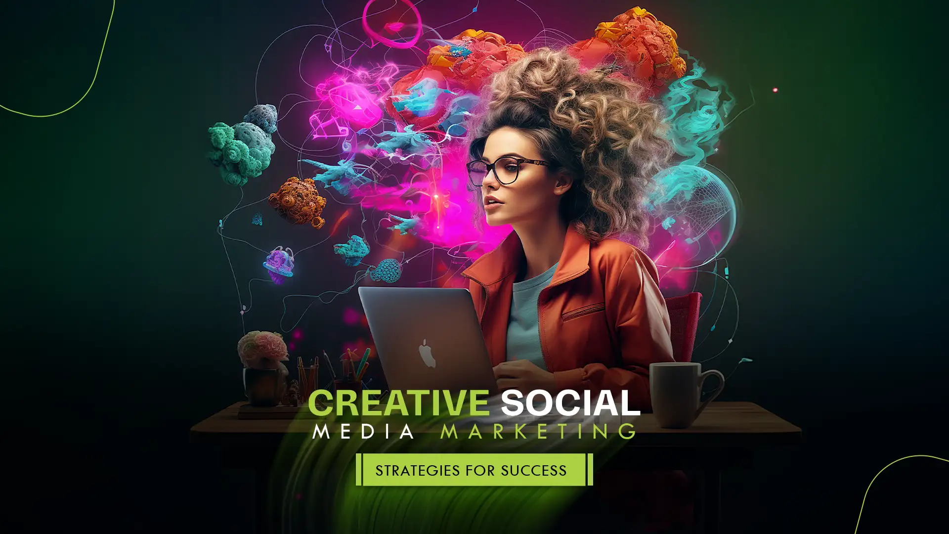A creative digital marketer working on a laptop, surrounded by vibrant abstract visuals representing social media marketing strategies.