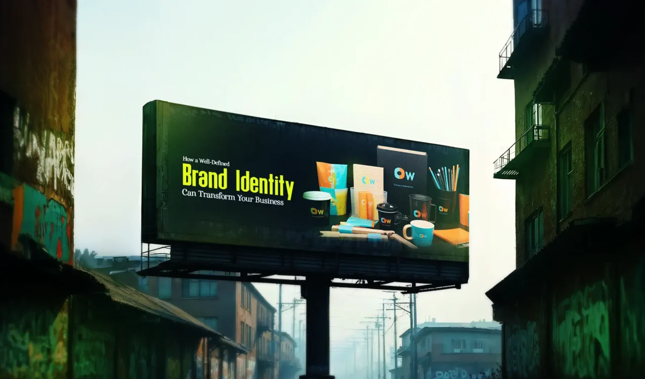Billboard showcasing a brand identity design with custom packaging, stationery, and marketing materials.