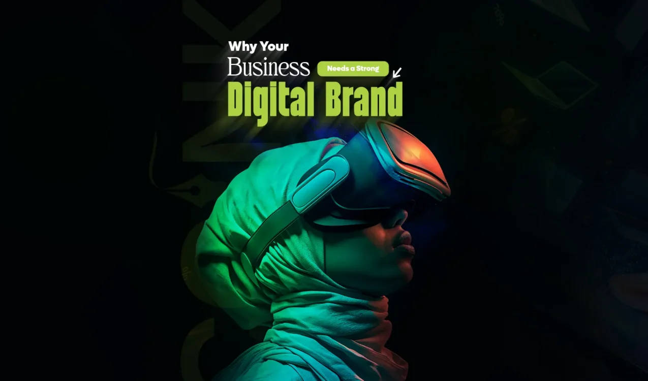 A futuristic image of a person wearing a VR headset, symbolizing digital branding and innovation.