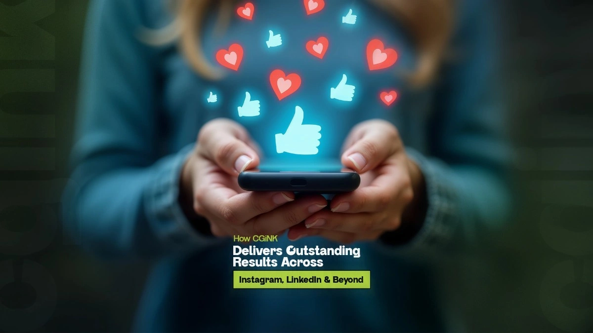 Person using a smartphone with floating like and heart icons, representing social media engagement.