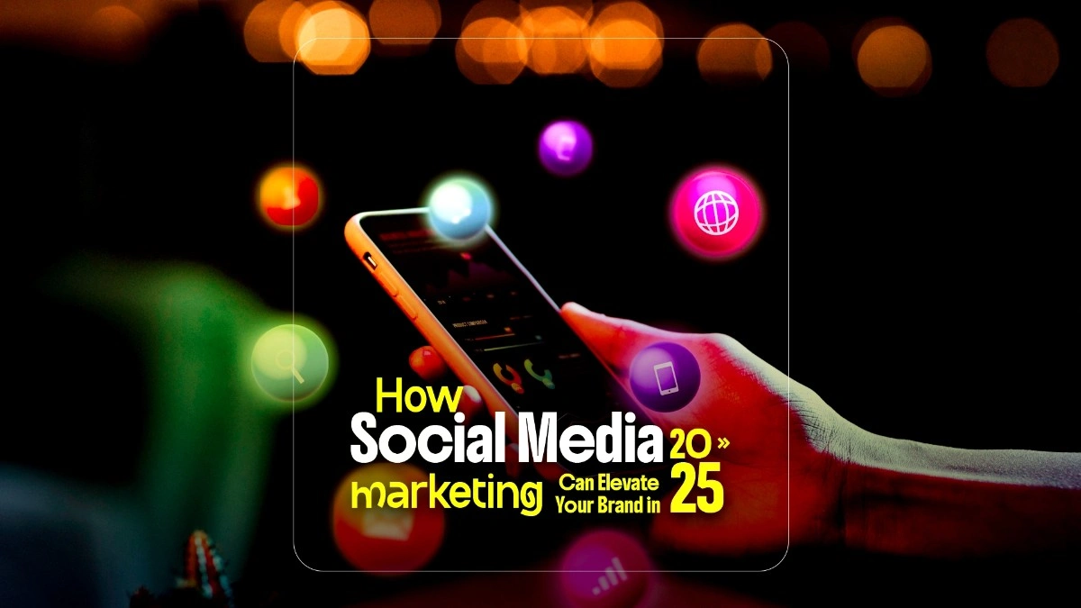 A hand holding a smartphone with floating social media icons, representing social media marketing trends in 2025.