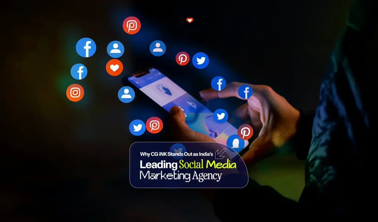 A person using a smartphone surrounded by floating social media icons, representing CG iNK as India’s top social media marketing agency