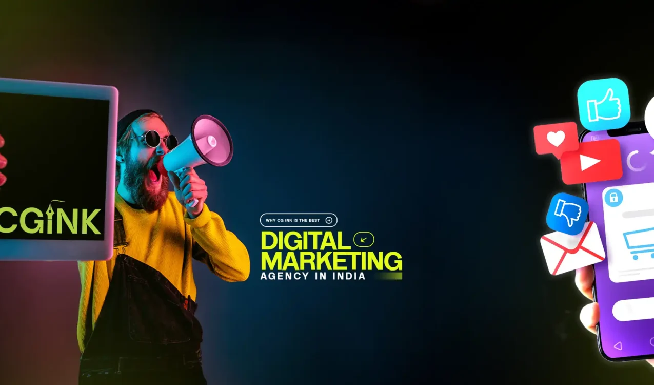 Creative marketer with megaphone showcasing CG iNK – Top digital marketing agency in India