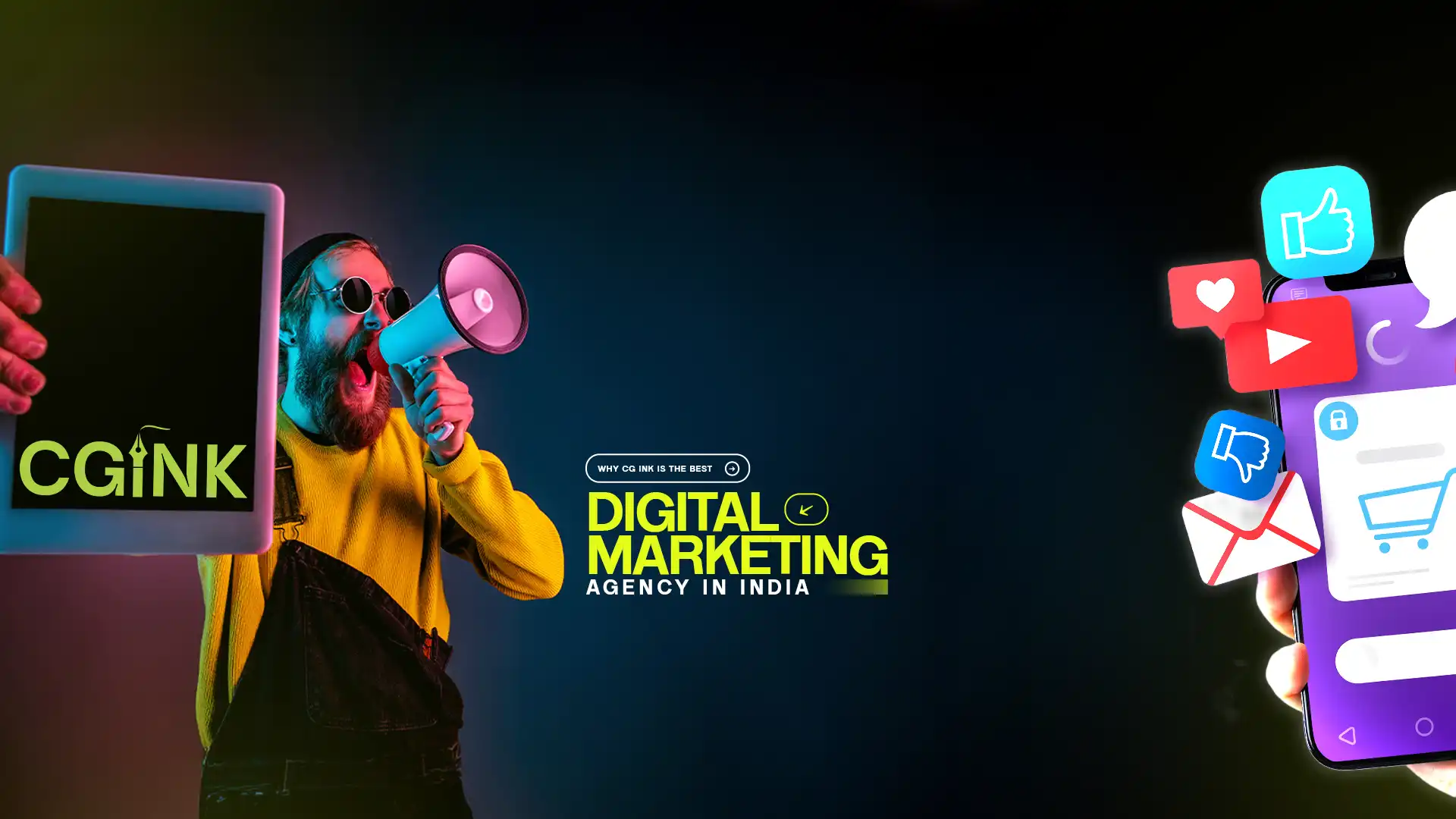 Creative marketer with megaphone showcasing CG iNK – Top digital marketing agency in India