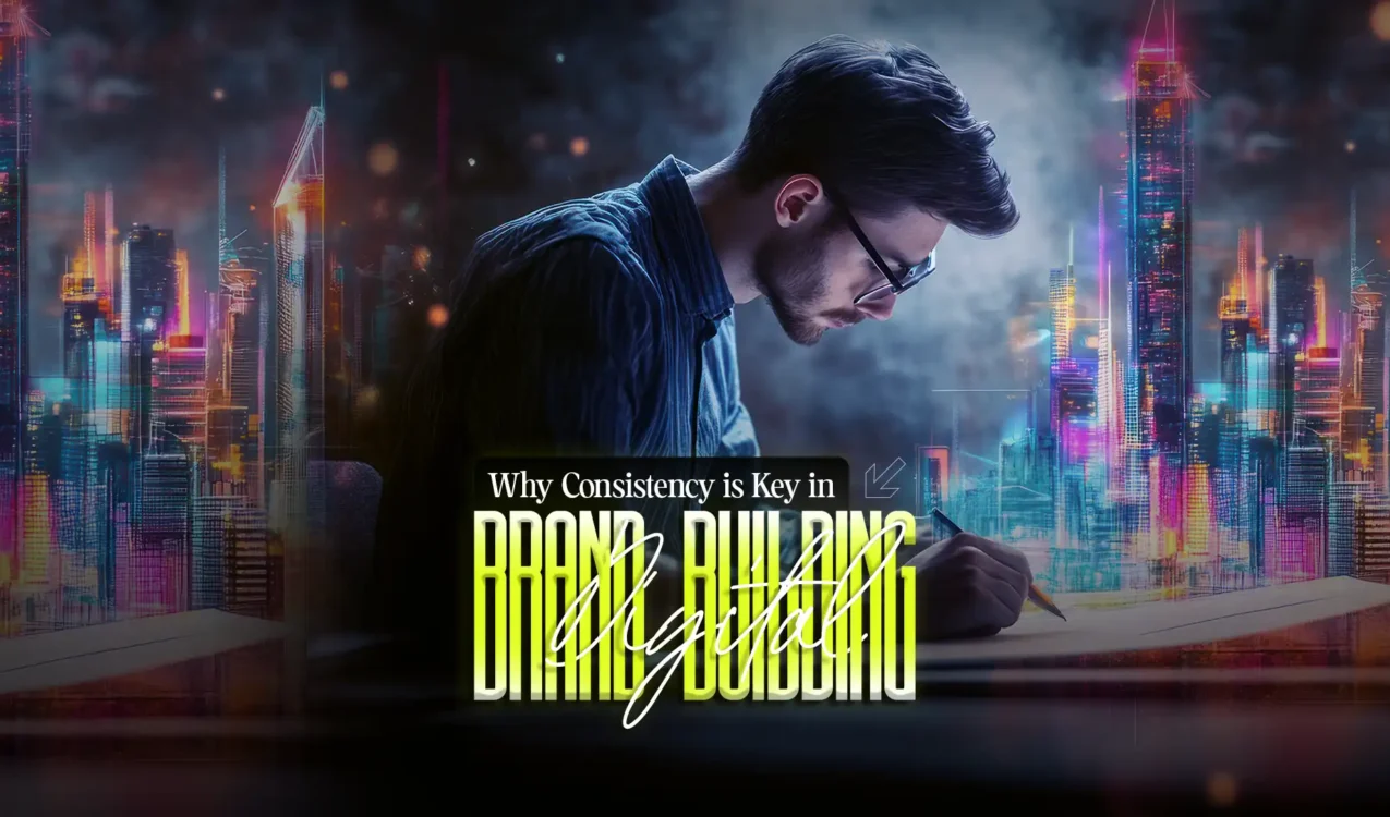 A focused man sketching with a futuristic cityscape in the background, symbolizing consistent digital brand building by CG iNK