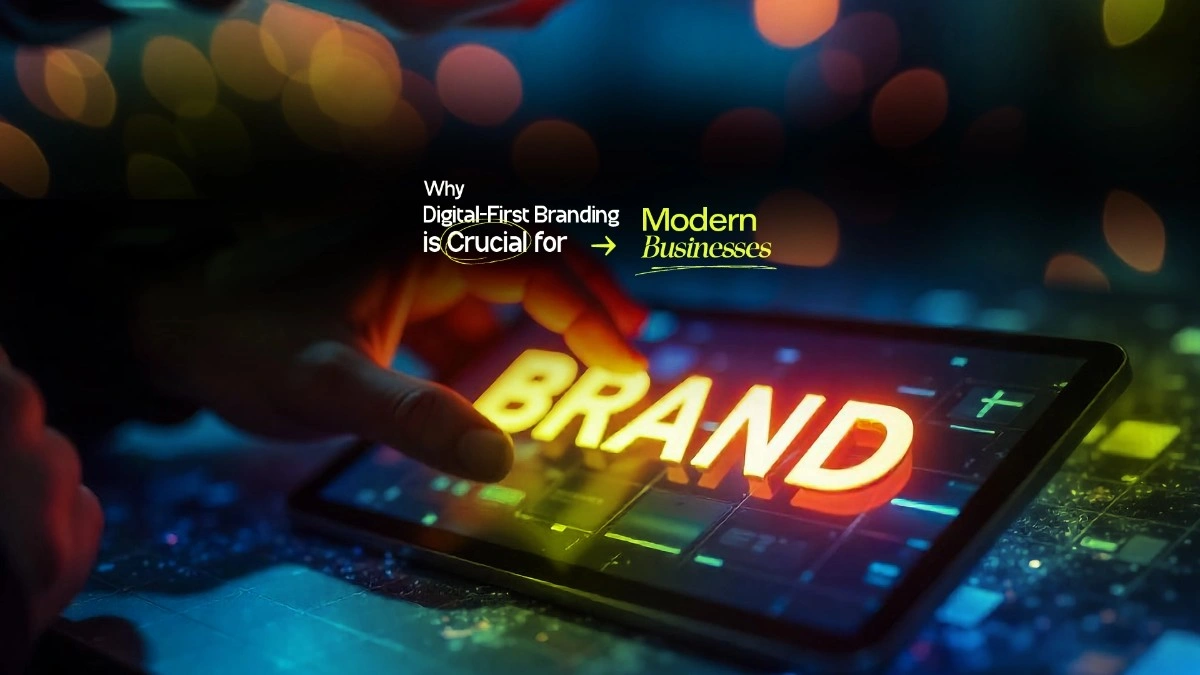 A glowing "BRAND" text on a digital tablet, highlighting the importance of digital-first branding for modern businesses.