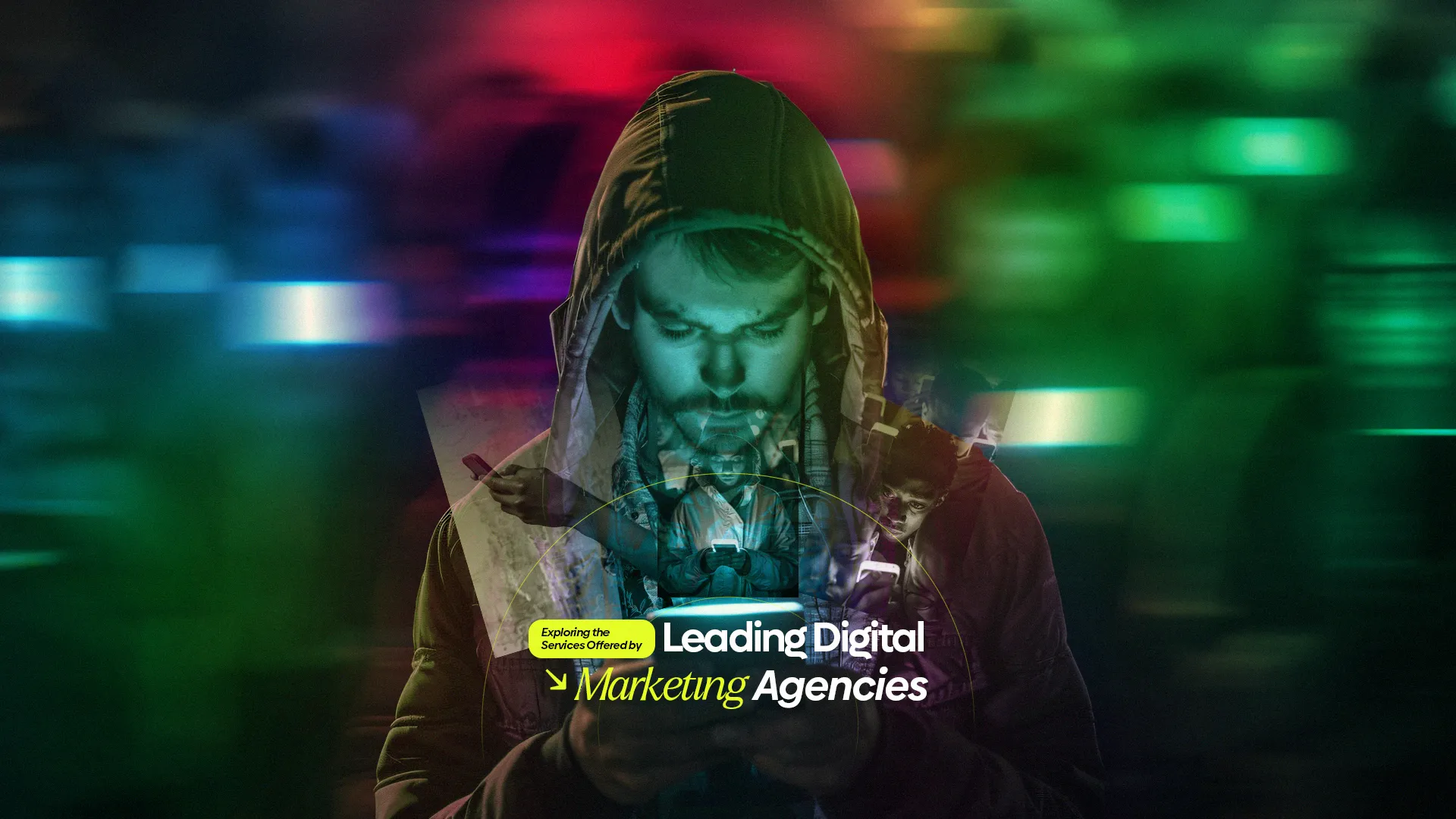 A focused man in a hoodie using a smartphone, surrounded by digital elements, representing digital marketing strategies.