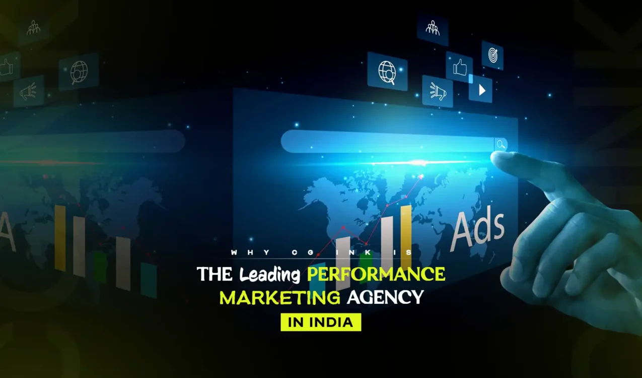 Finger interacting with digital ad interface showing performance charts and marketing icons, representing CG iNK as a leading performance marketing agency in India