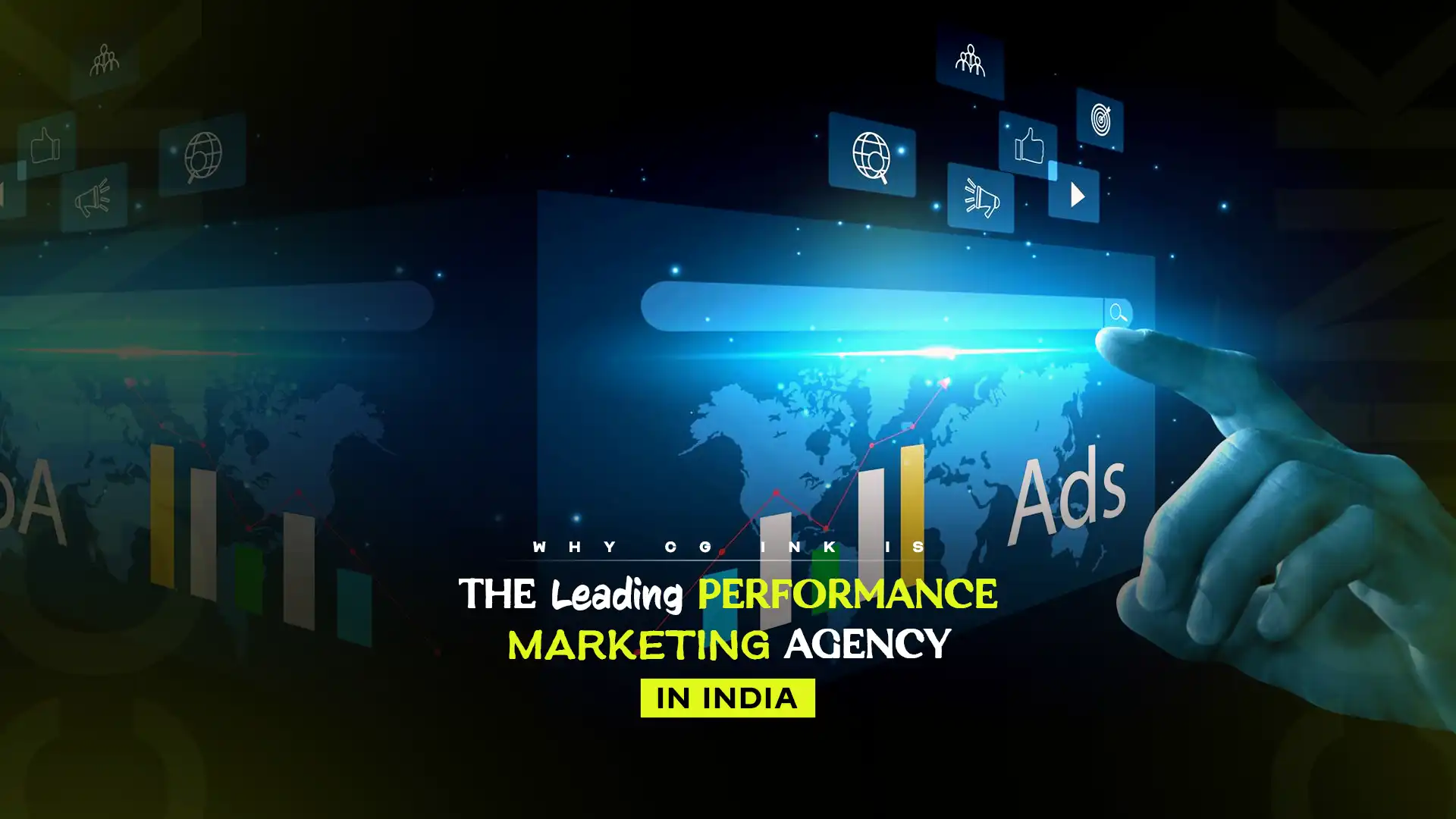 Finger interacting with digital ad interface showing performance charts and marketing icons, representing CG iNK as a leading performance marketing agency in India