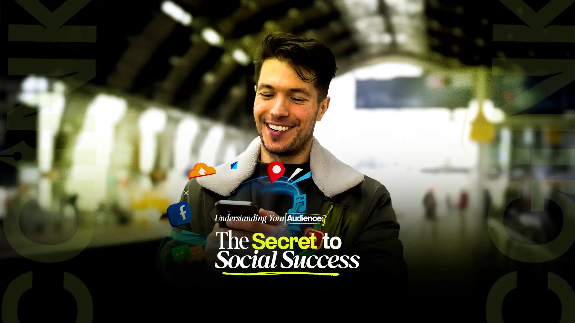Man using smartphone with social media icons, representing audience engagement for social success