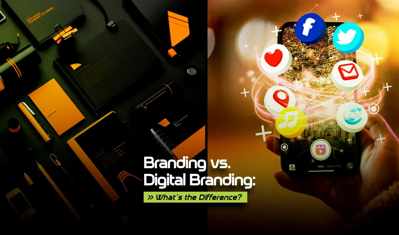 A comparison of traditional branding with branded stationery on one side and digital branding with social media icons on a smartphone on the other.