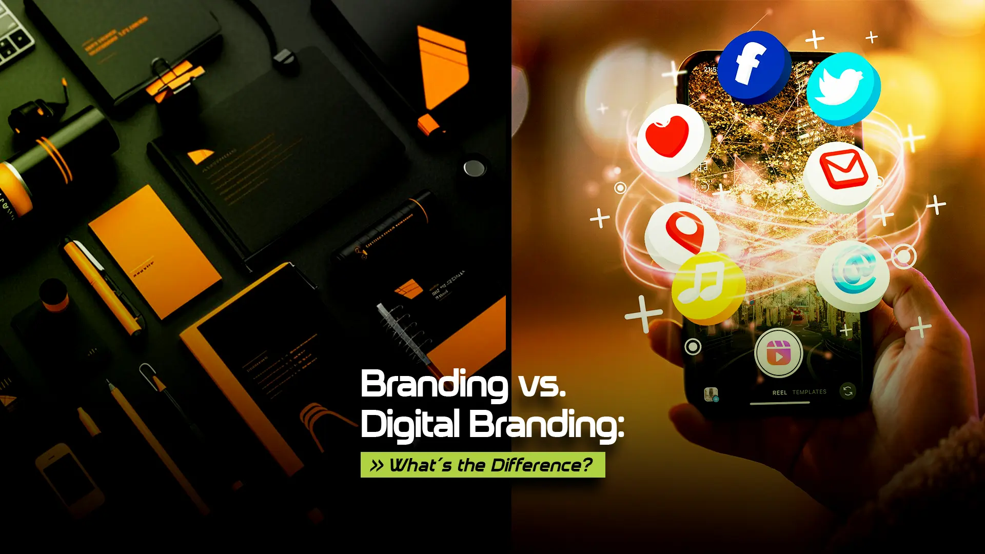 A comparison of traditional branding with branded stationery on one side and digital branding with social media icons on a smartphone on the other.