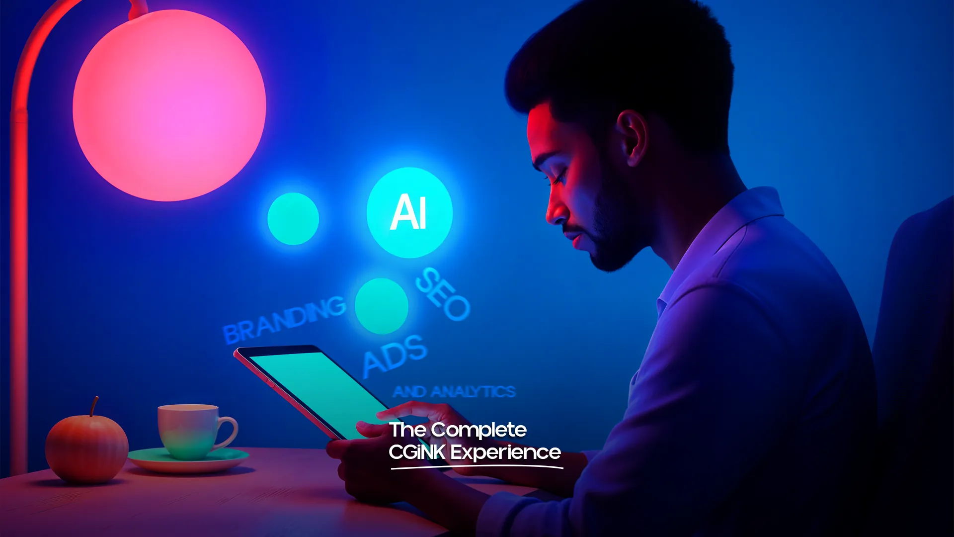 Man exploring AI, SEO, branding, and ads on a tablet, representing services by CGiNK – Best Digital Marketing Agency in India