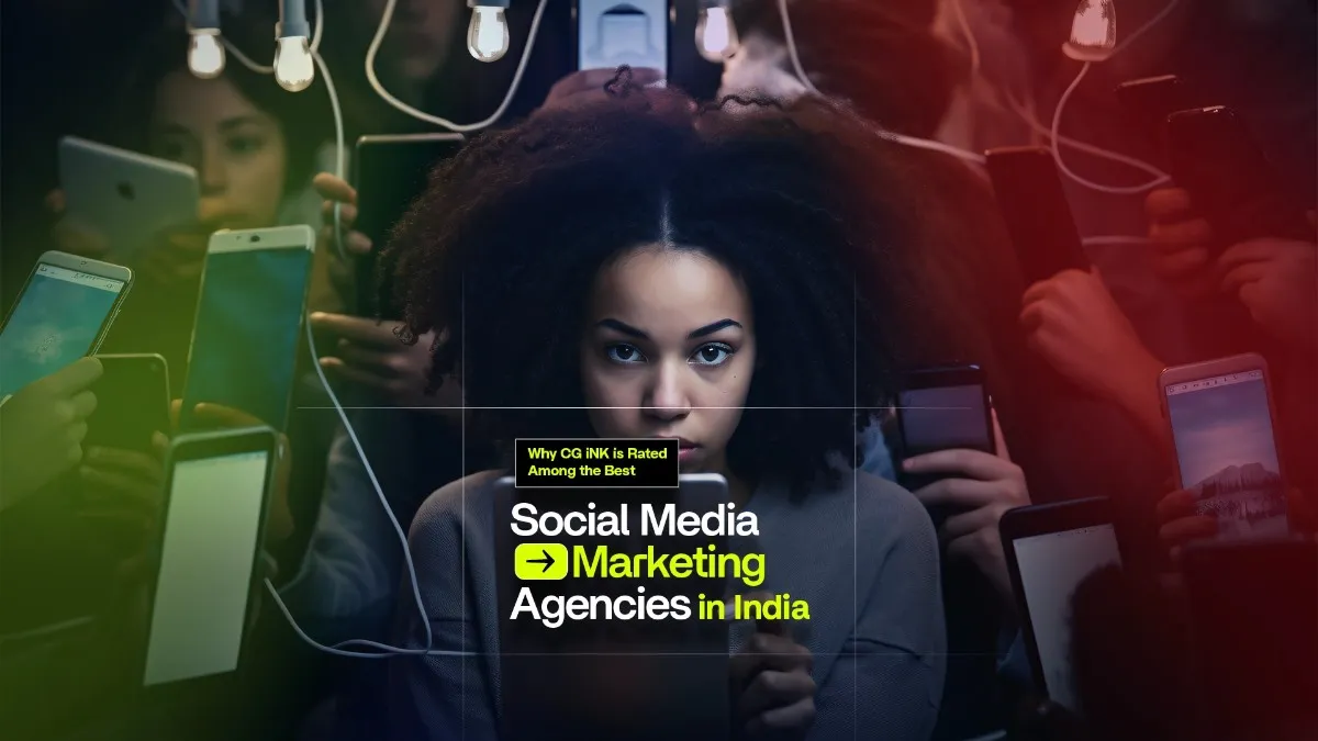 Focused woman surrounded by mobile users, symbolizing CG iNK’s impact as the best social media marketing agency in India