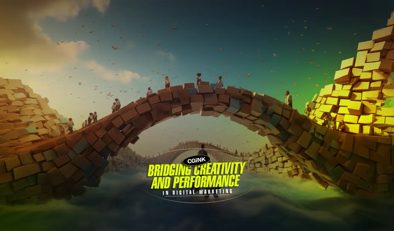 A surreal bridge made of blocks with people walking across, symbolizing CG iNK's role as the Best Digital Marketing Agency in India blending creativity with performance.