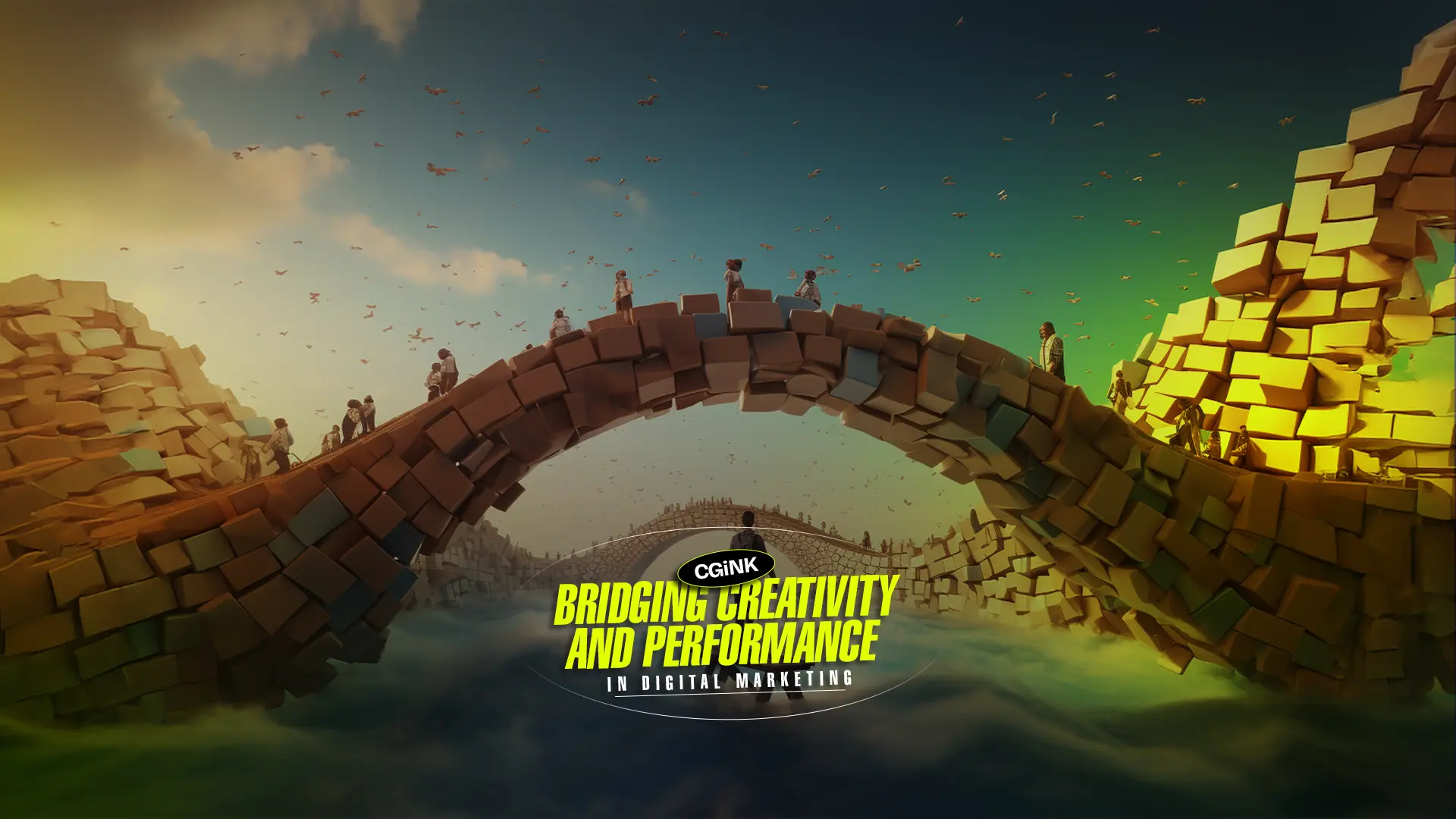 A surreal bridge made of blocks with people walking across, symbolizing CG iNK's role as the Best Digital Marketing Agency in India blending creativity with performance.