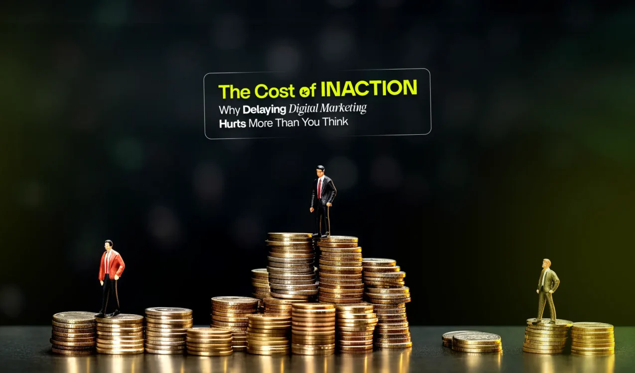 Illustration showing business growth with stacked coins and miniature businessmen — highlighting the impact of delaying services from the Best Digital Marketing Agency in India