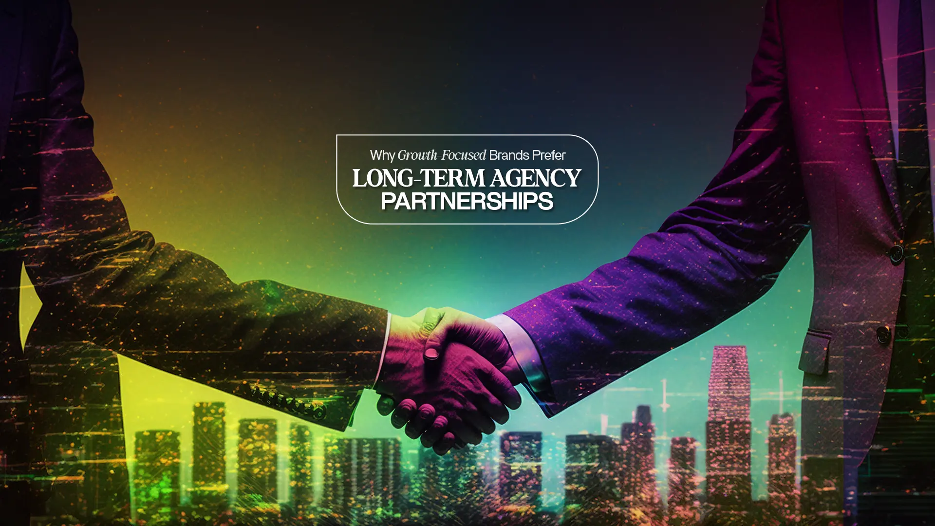 Businessmen shaking hands over a city skyline, symbolizing long-term partnerships by the Best Digital Marketing Agency in India