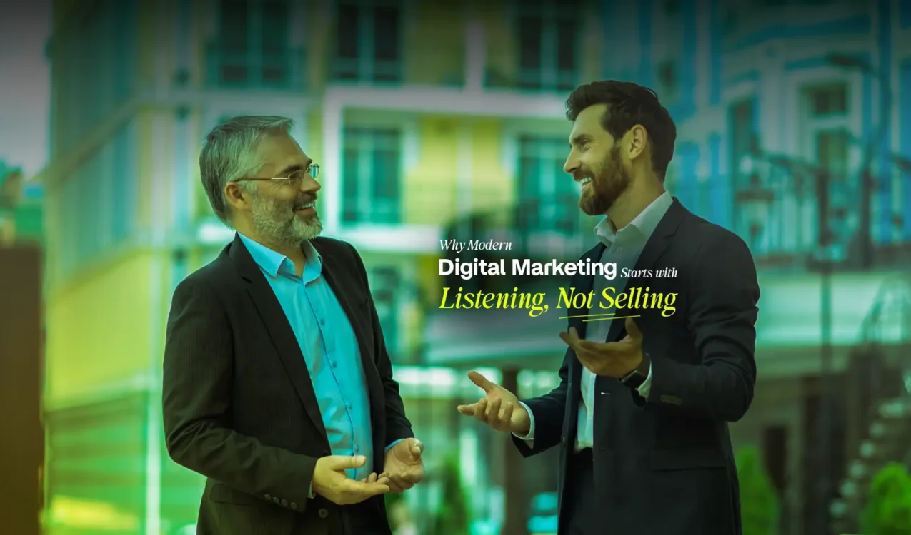 Two business professionals engaging in a conversation, representing the listening-first approach of the Best Digital Marketing Agency In India