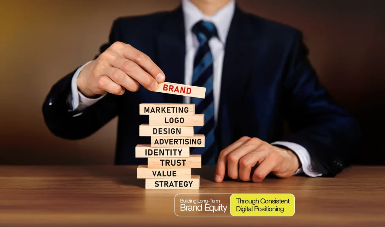 Businessman stacking branding blocks representing strategy, trust, value, and marketing — concept by the Best Digital Brand Building Agency in India