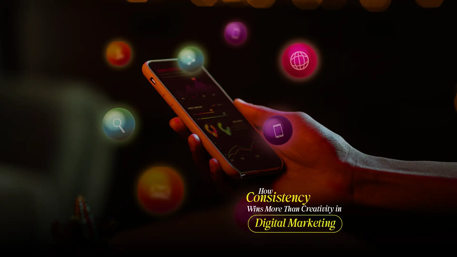 Hand holding a smartphone displaying analytics with digital icons floating—showcasing strategies by the best digital marketing agency in India