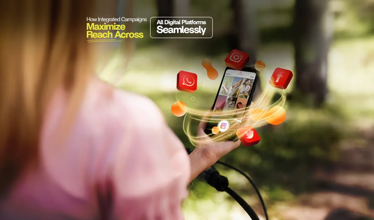 Woman holding smartphone with social media icons like Instagram, WhatsApp, and Facebook—campaign by the Best Digital Marketing Agency in India