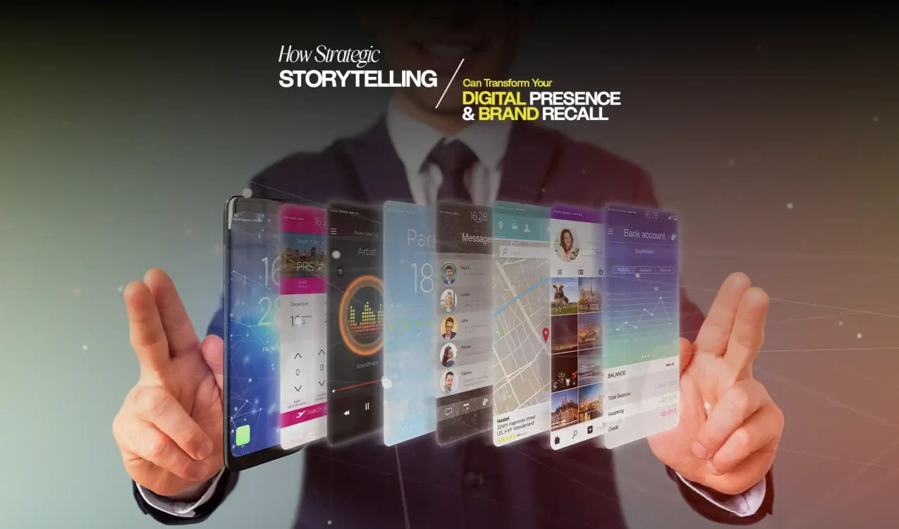 Businessman interacting with futuristic digital interface showcasing mobile app designs and brand storytelling strategies by the Best Digital Brand Building Agency in India.