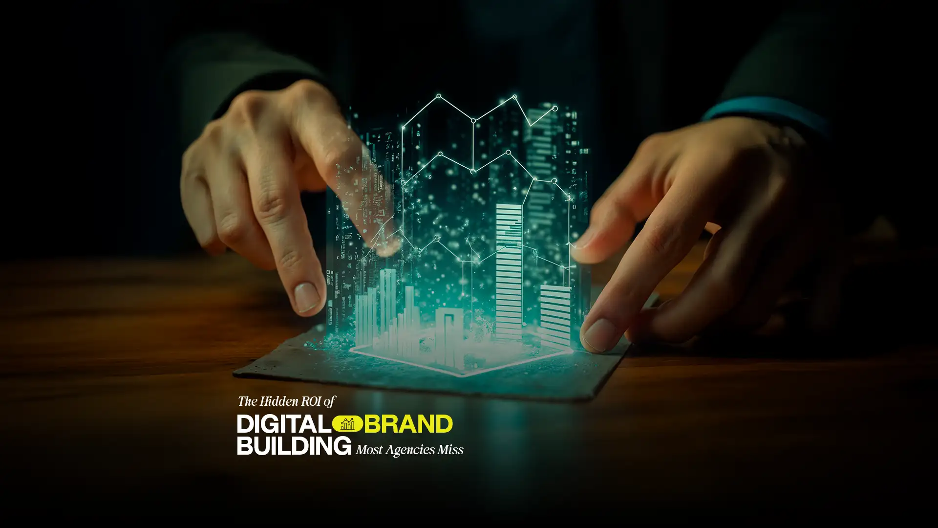 Hands interacting with a futuristic digital interface showing data graphs—representing the best digital brand building agency in India focused on long-term ROI