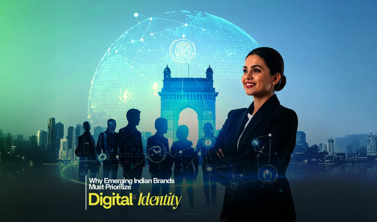 Confident businesswoman in front of Gateway of India with digital identity icons – Best Digital Brand Building Agency In India
