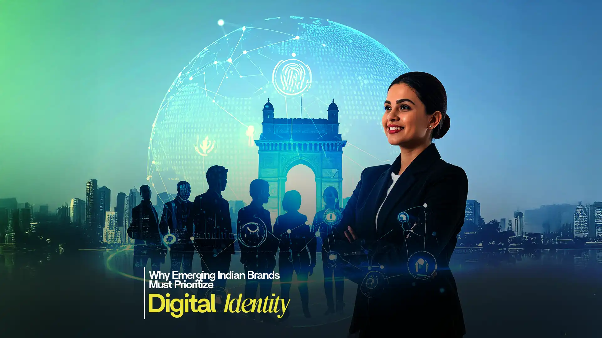 Confident businesswoman in front of Gateway of India with digital identity icons – Best Digital Brand Building Agency In India