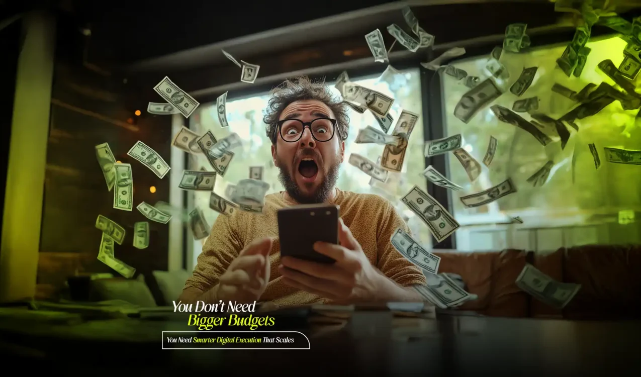 Excited man with flying dollar bills symbolizing success powered by the Best Digital Marketing Agency in India