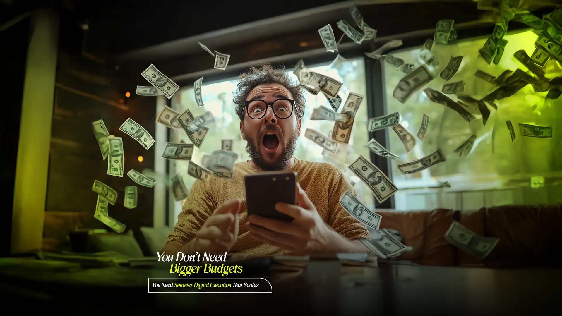 Excited man with flying dollar bills symbolizing success powered by the Best Digital Marketing Agency in India