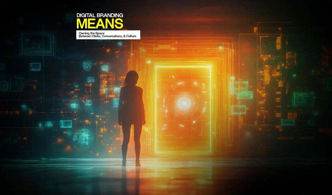 Silhouette facing digital gateway with glowing tech visuals — best digital brand building agency in India creating cultural relevance