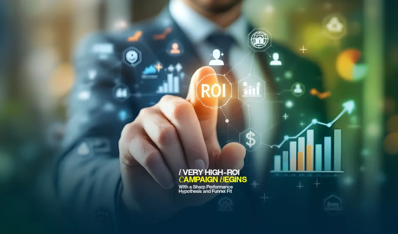 Professional pointing at ROI icon with digital growth chart — best performance marketing agency in India focused on results