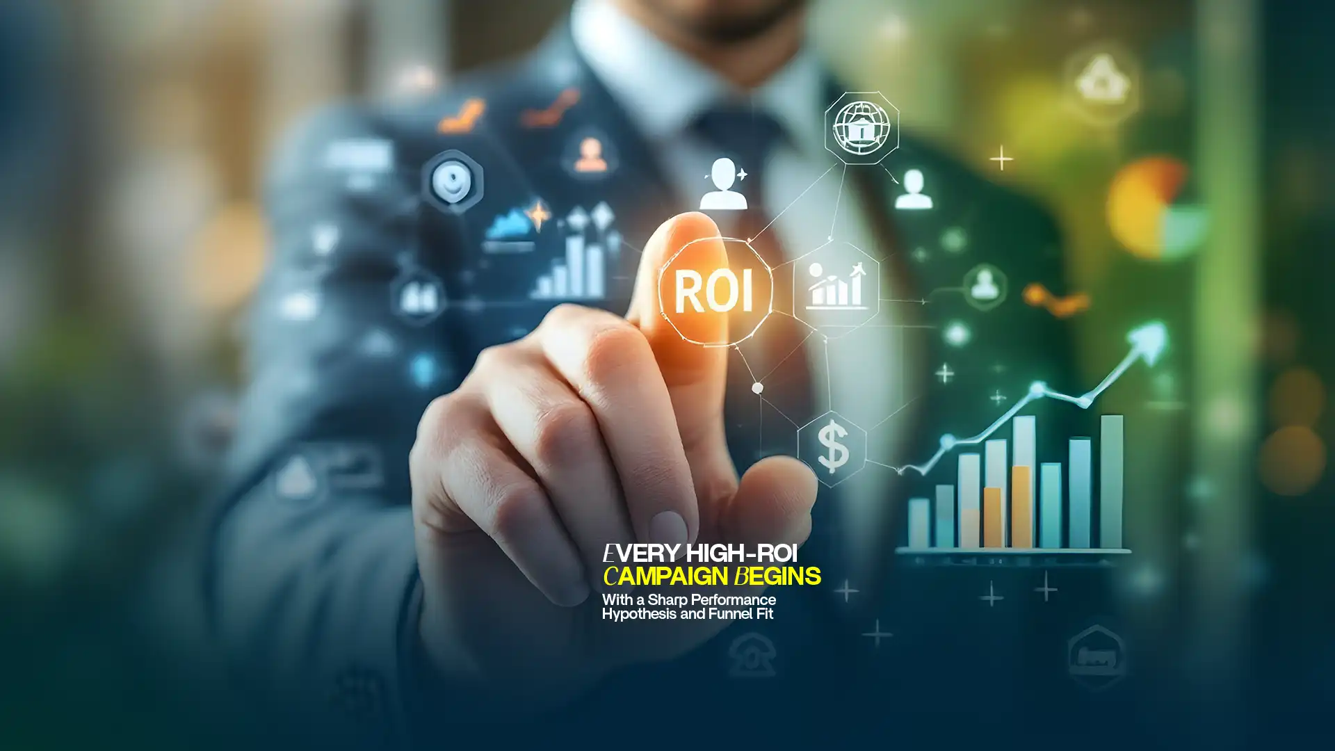 Professional pointing at ROI icon with digital growth chart — best performance marketing agency in India focused on results