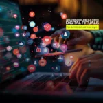 Hands using laptop surrounded by floating social media icons created by the Best Digital Brand Building Agency in India