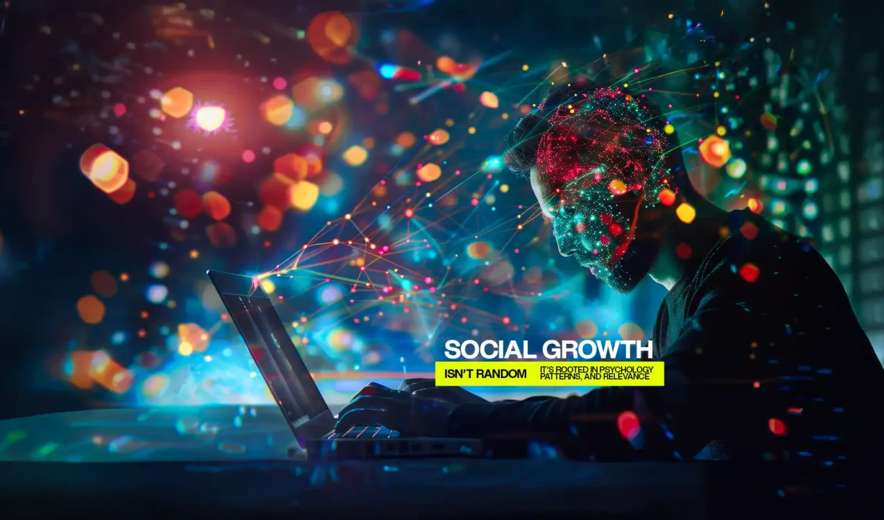 Man working on laptop with colorful digital network visuals created by the Best Social Media Marketing Agency in India