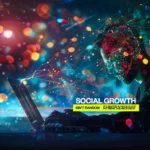 Man working on laptop with colorful digital network visuals created by the Best Social Media Marketing Agency in India