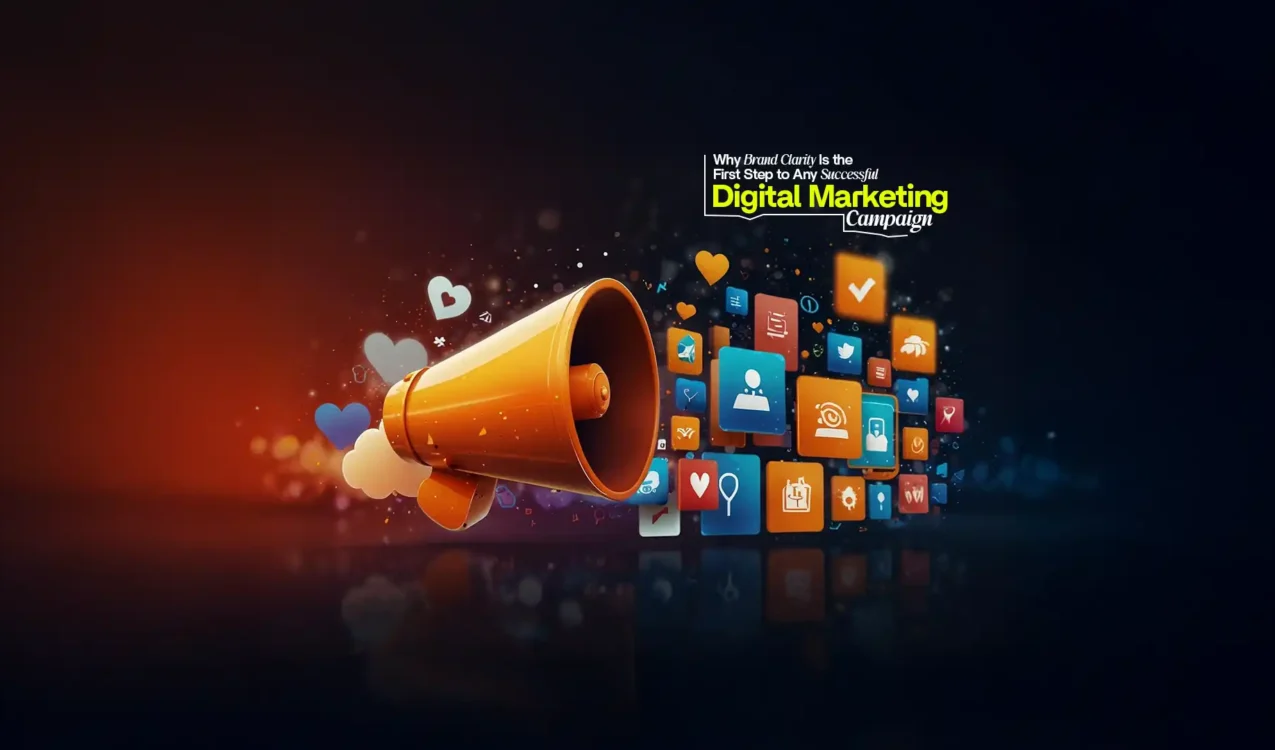 Megaphone surrounded by digital icons symbolizing brand clarity and strategy by the Best Digital Marketing Agency in India