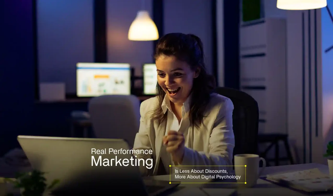 Digital marketing professional celebrating performance growth driven by data, user behaviour, and digital psychology