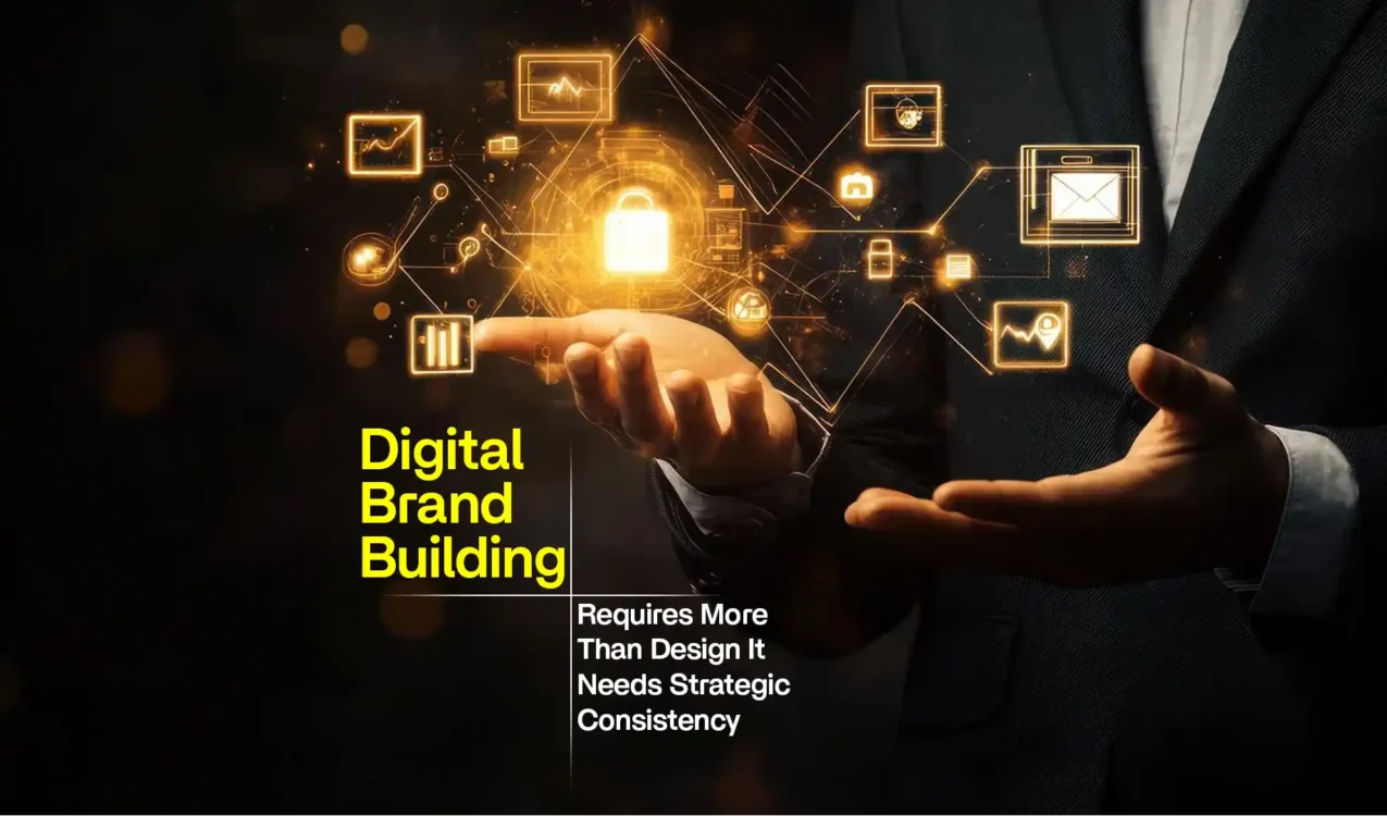 Business professional visualising connected digital touchpoints, representing strategic digital brand building across channels