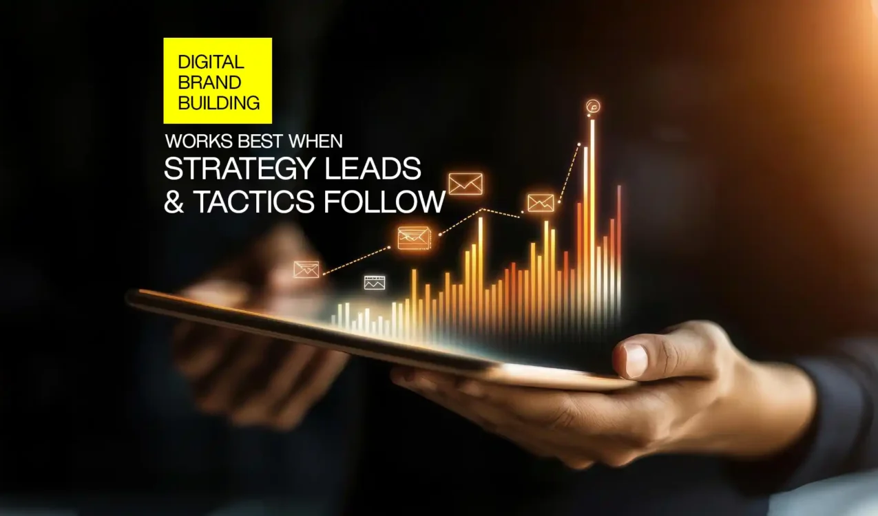 Digital brand building visual showing data-driven growth, messaging strategy, and performance metrics on a mobile interface