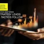 Digital brand building visual showing data-driven growth, messaging strategy, and performance metrics on a mobile interface