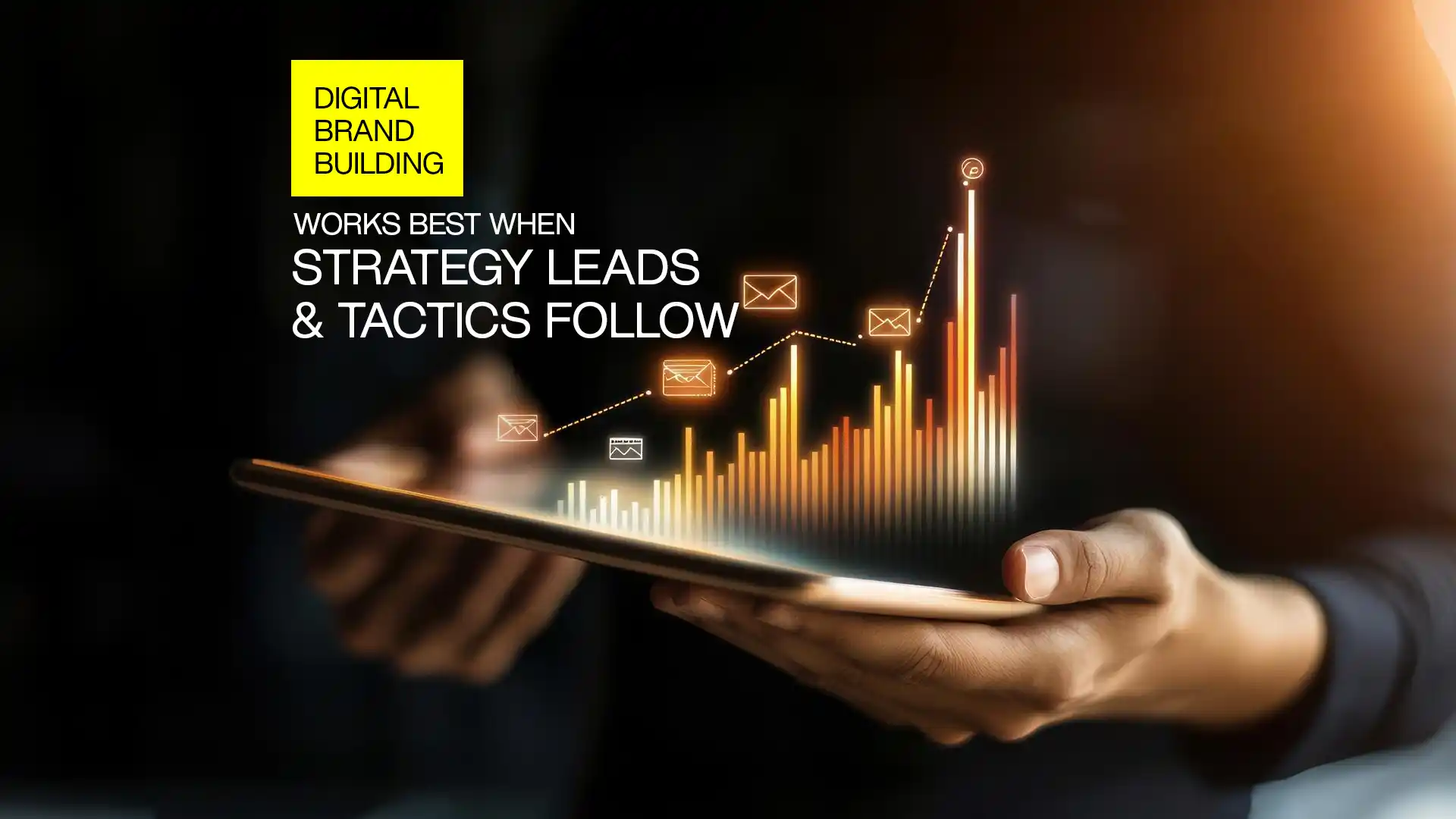 Digital brand building visual showing data-driven growth, messaging strategy, and performance metrics on a mobile interface