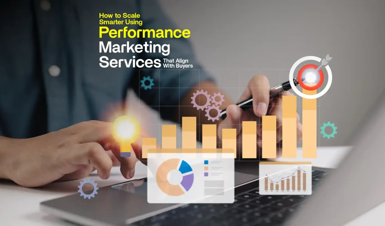 Performance marketing services illustrated through data analytics, growth charts, and targeted digital campaign optimization